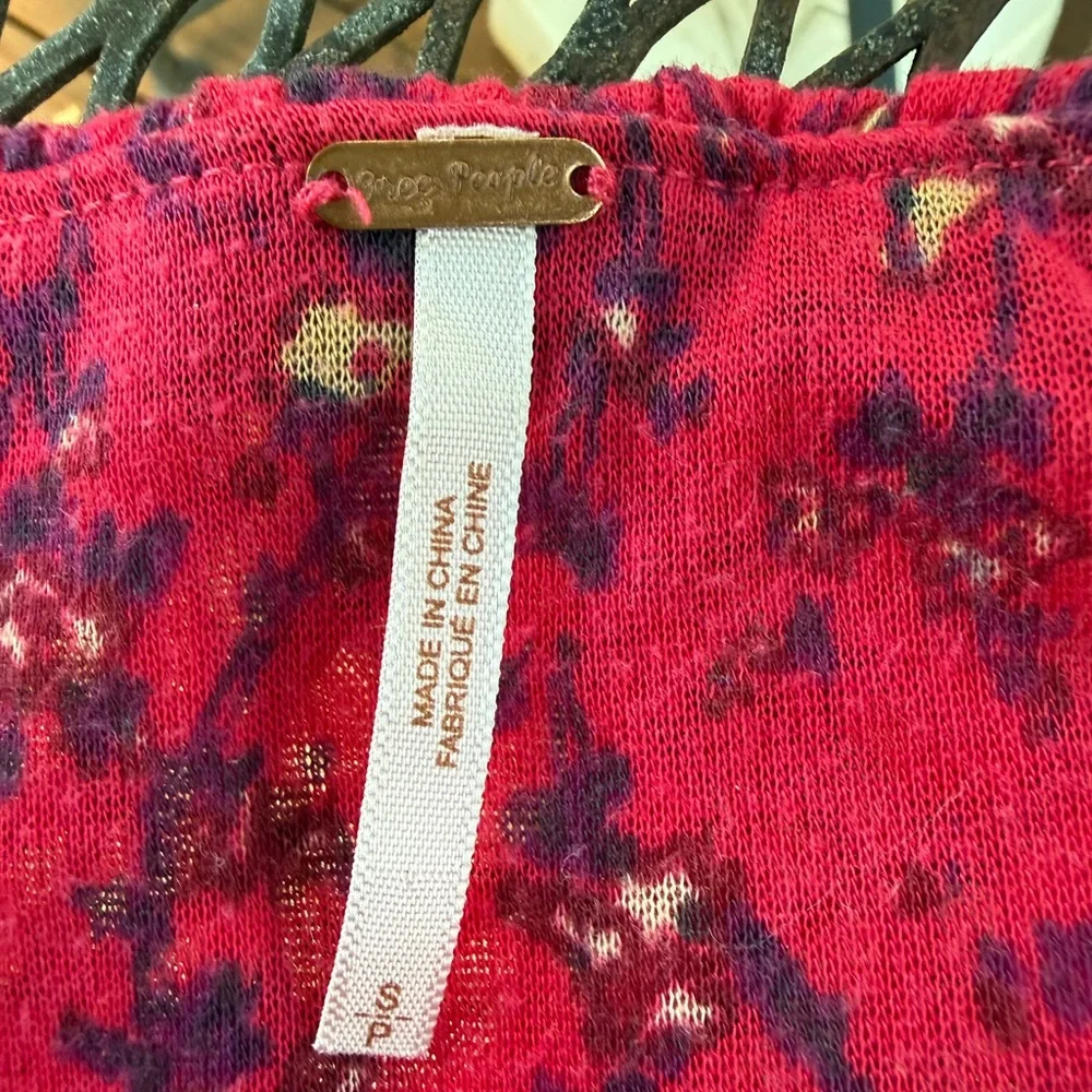 Free People‎ Red Floral Strapless Tube Top Babydoll Empire Waist Lettuce Hem SM